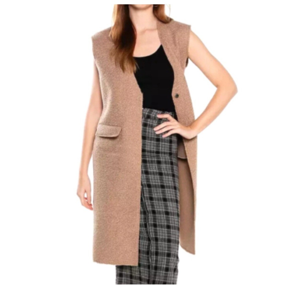 ZARA Women's Bouclé Long‎ Vest Sweater Jacket Taupe Mink Brown Size Medium NEW